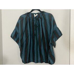 Carleen Striped Tie Neck Multicolor Short Sleeve Top Size Medium Boxy Lagenlook